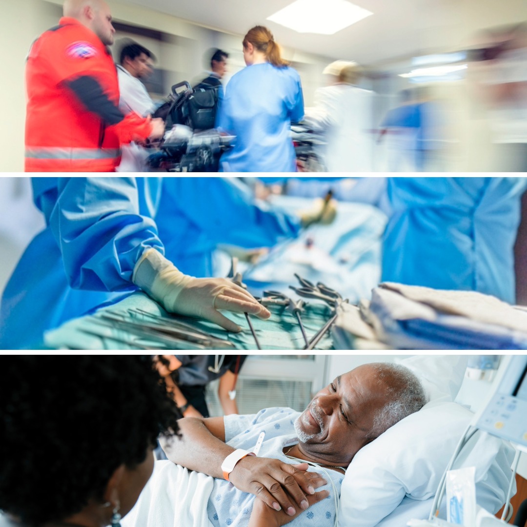 A collage of 3 images: Blurred emergency in hospital; Surgeons in full surgical gear during operation; Clinician comforting patient in hospital bed
